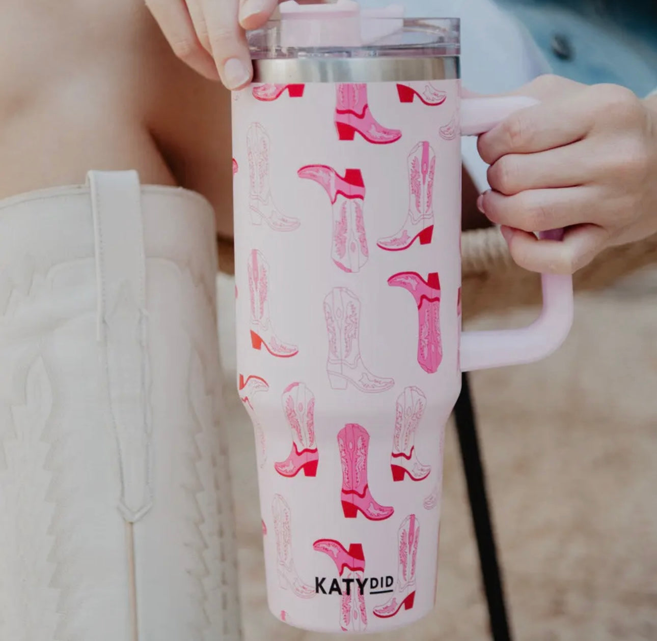 KatyDid| Pink western boots tumbler with handle | shop now | Tullyhaize