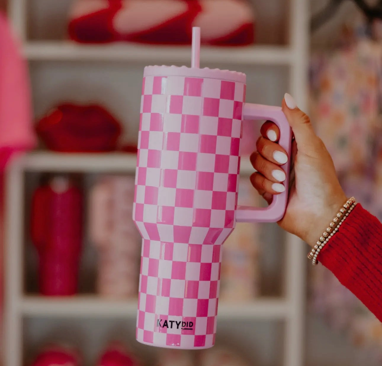 Pink checkered tumbler with handle | katydid | shop now | Tullyhaize